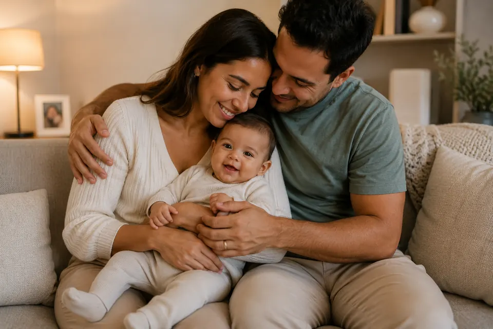 Família reunida e sorrindo com o bebê no colo