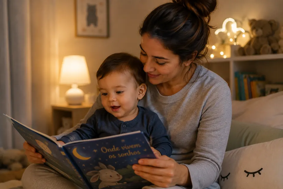 Mãe lendo um livro de ninar para o bebê à luz do abajur