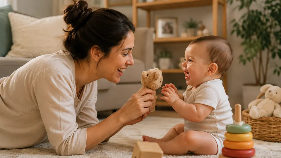 Mãe brincando com o bebê e um ursinho no chão