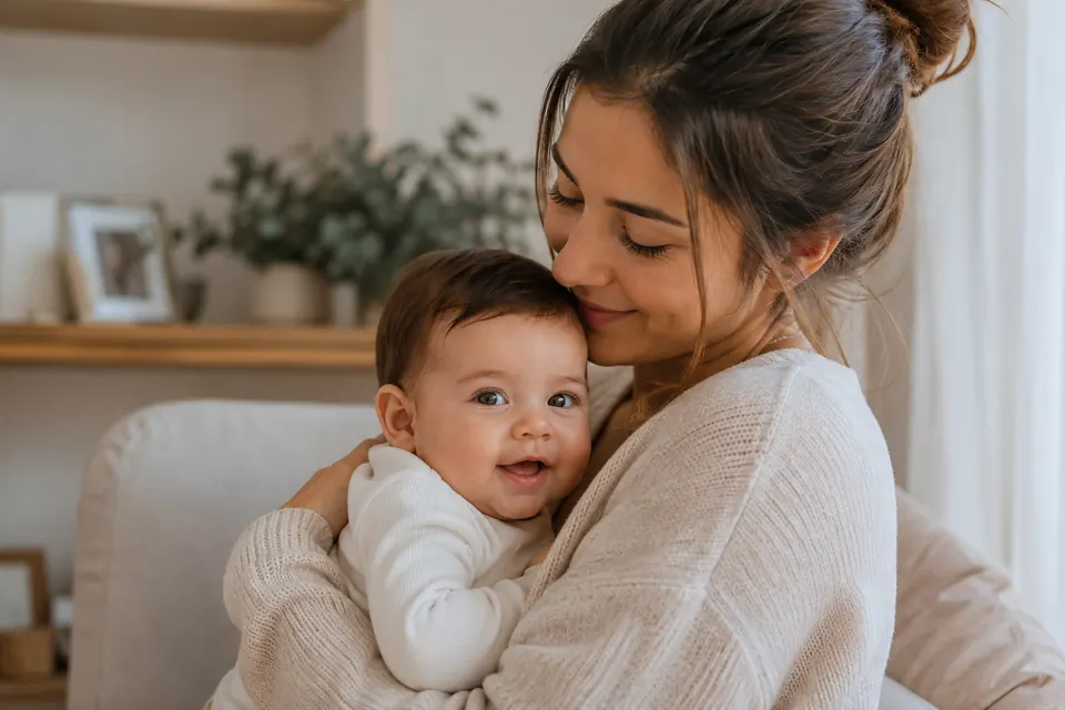 Mãe abraçando o bebê com carinho